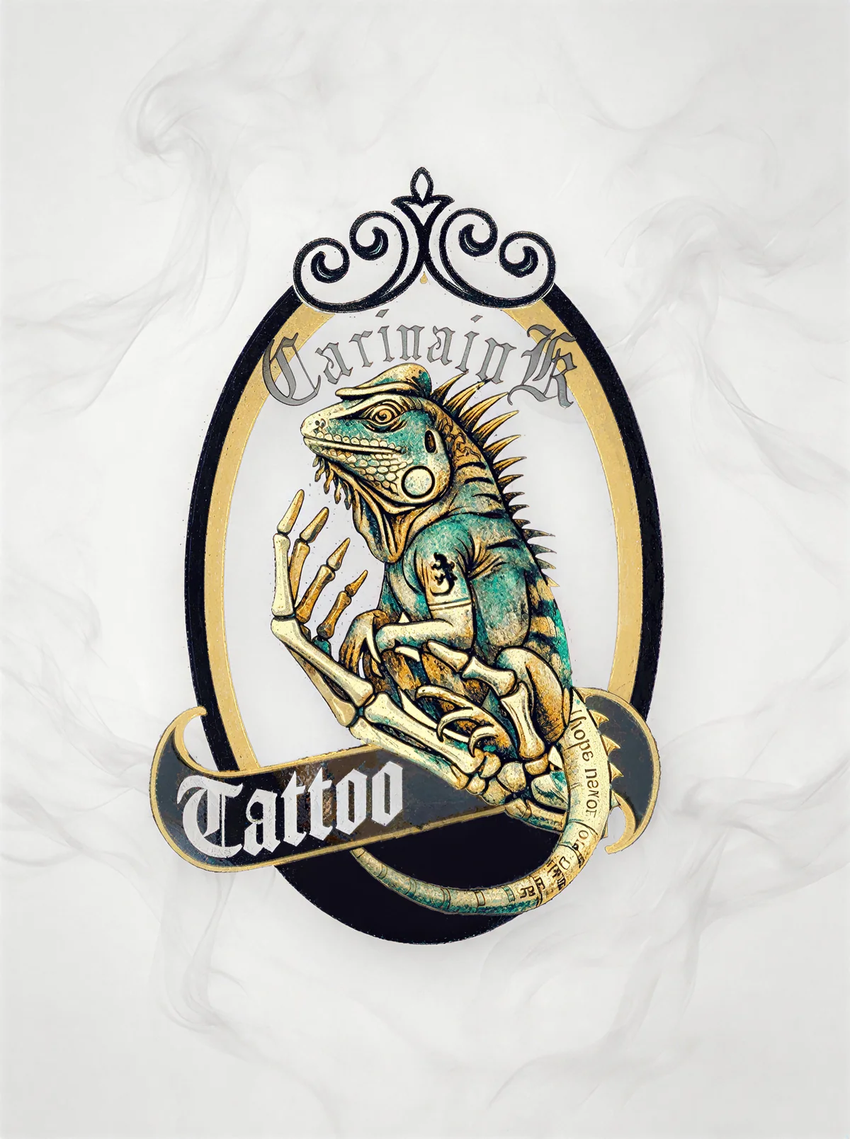 Emblema de Carina Ink Tattoo: iguana y mano esquelética en un camafeo ovalado, sobre fondo blanco con humo gris claro