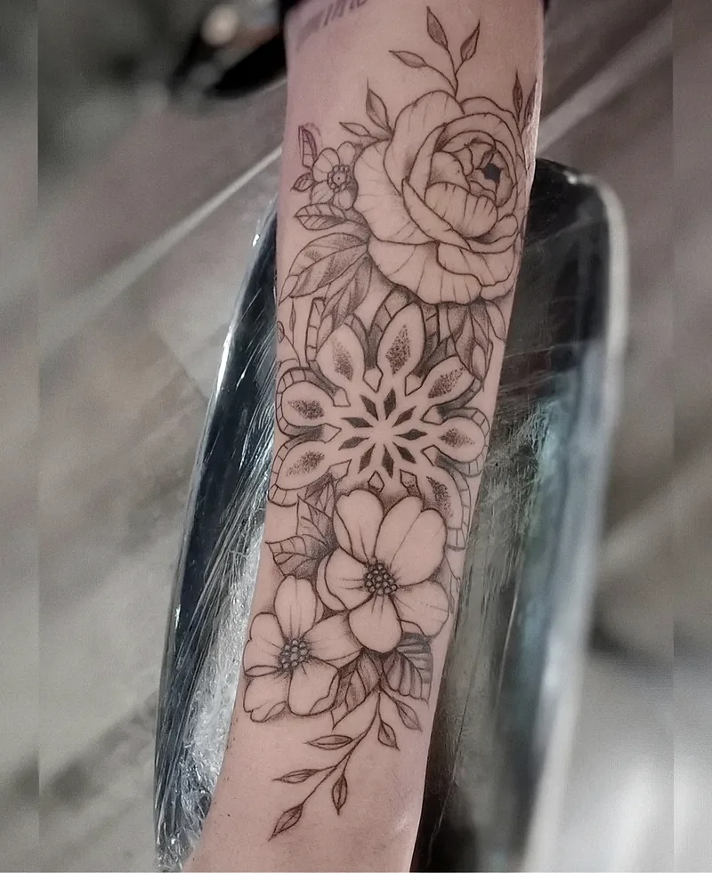 Composición de flores y mandala en línea fina a lo largo del antebrazo