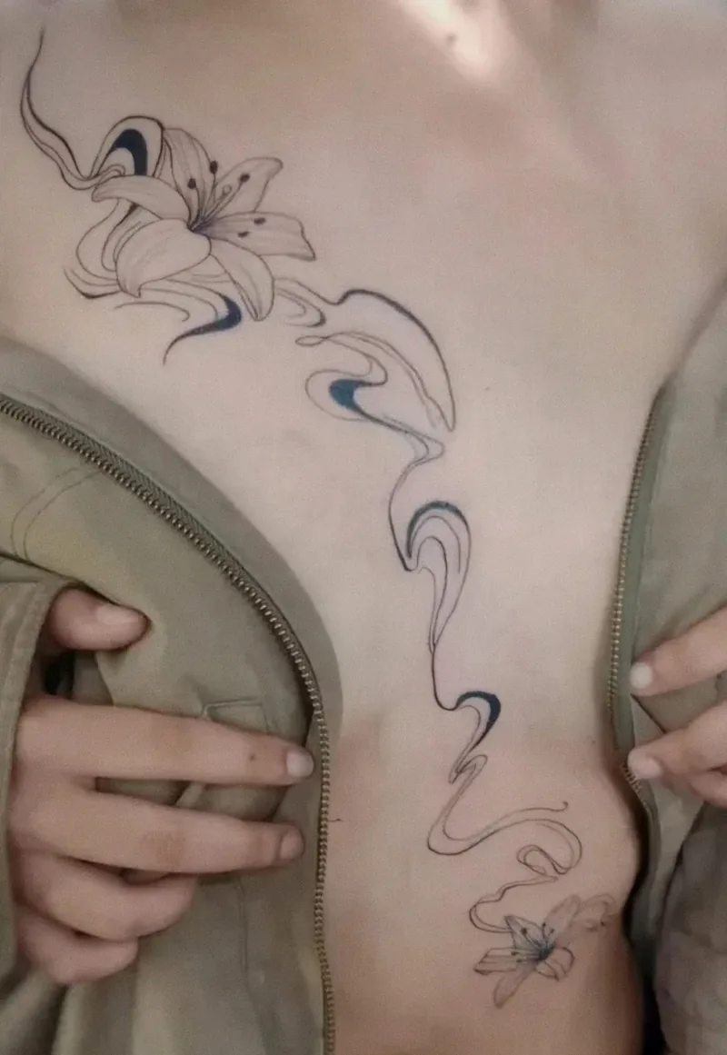 Lirios en línea fina con trazos de humo y detalles azules sobre el torso