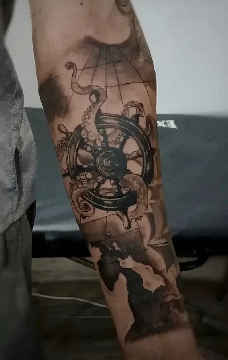 Timón de barco con brújula y mapa, tatuado en el antebrazo