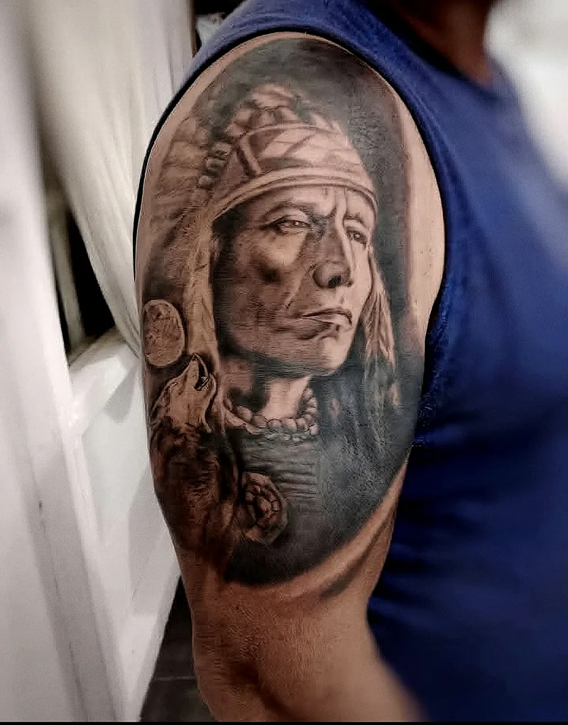 Retrato realista de un jefe nativo americano con penacho, tatuado en el brazo